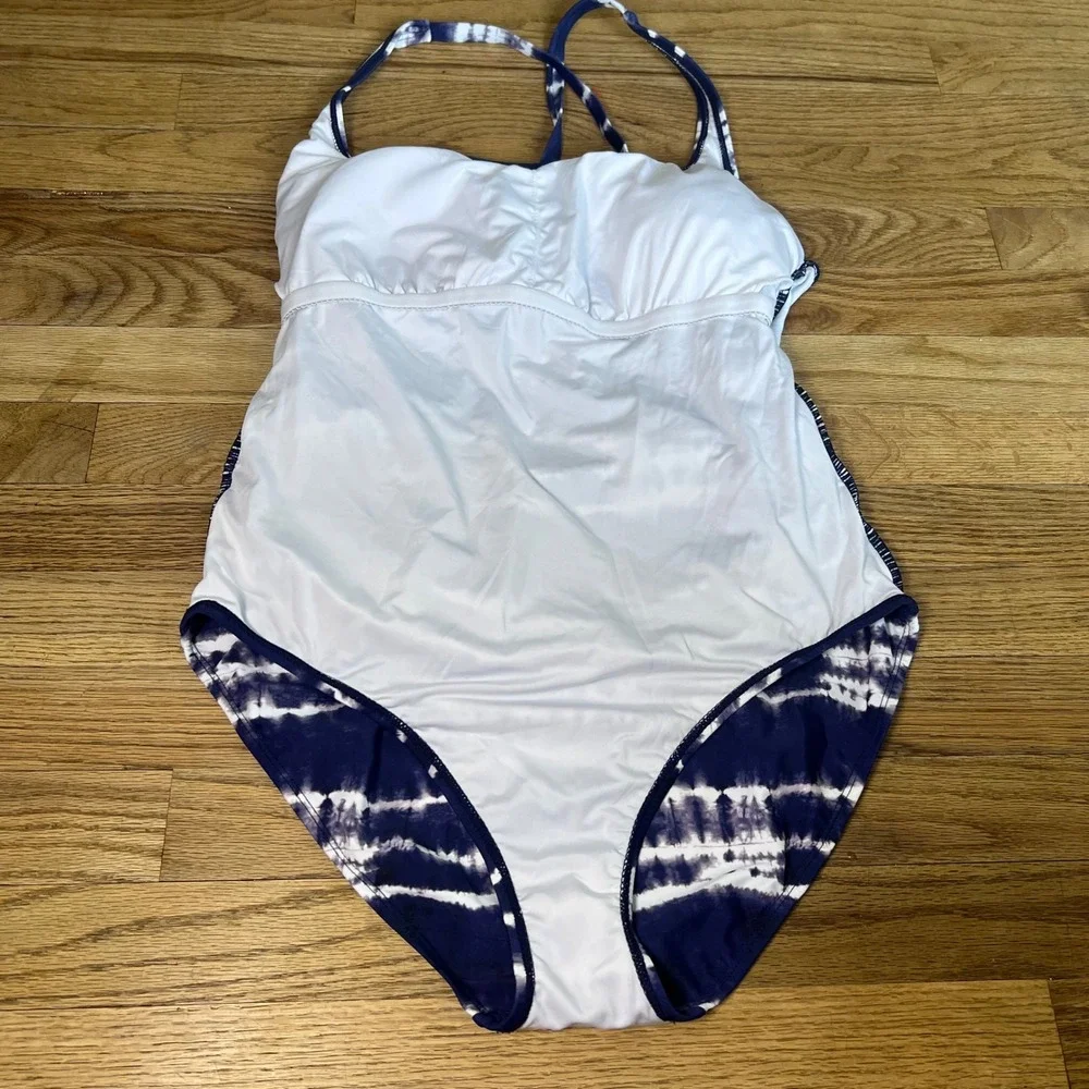 Nautica Womens Tie Dye‎ One Piece Swimsuit Blue White Ruched Shelf Bra XL